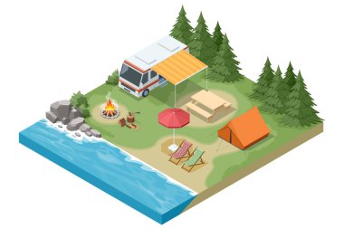 Kamp kamyonu, çadır, kamp ateşi, sandalyeler ve şemsiyeli Isome nehir kenarı kamp alanı. Yaz tatili ve seyahat konsepti.