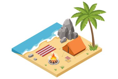 Kamp ateşi, çadır, palmiye ağacı, kayalar ve güneş pansiyonları olan Isome tropik plaj kampı. Yaz tatili ve seyahat konsepti