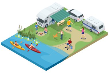 Karavanlar, karavanlar, balıkçılık, kano, badminton ve köpeklerle oynayan Isome göl kenarı. Yaz tatili ve seyahat konsepti