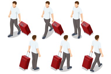 Kırmızı bavulu olan bir erkek karakteri. Göç, seyahat, turizm, ulaşım ve yolcu yolculukları konuları için birden fazla görünüm ve poz.