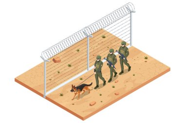 Silahlı askerler ve köpeklerle Isome sınır devriyesi çölde dikenli teller boyunca yürüyor. Gözetim, uygulama ve sınır koruma kavramı