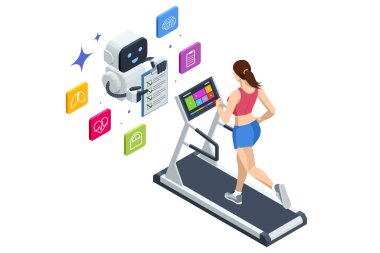 AI fitness koşu bandı. Yapay zeka asistanı ile koşu bandında koşan bir kadının sağlık verilerini, fitness teknolojisi konseptini analiz edişinin farklı bir çizimi..