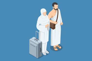İhram 'a giden Müslüman hacıların bavullarıyla seyahat edişinin farklı bir tasviri. İslam haccı kavramı