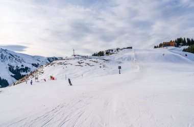 Wintry landscape on Hahnenkamm mountain in Austrian Alps in Kitzbuhel. Winter in Austria