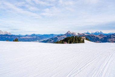 Wintry landscape on Hahnenkamm mountain in Austrian Alps in Kitzbuhel. Winter in Austria