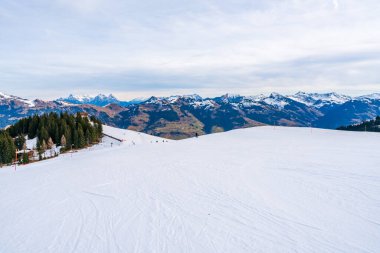 Wintry landscape on Hahnenkamm mountain in Austrian Alps in Kitzbuhel. Winter in Austria