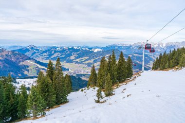 Wintry landscape on Hahnenkamm mountain in Austrian Alps in Kitzbuhel. Winter in Austria
