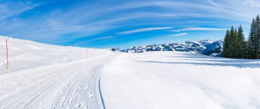 Wintry landscape on Hahnenkamm mountain in Austrian Alps in Kitzbuhel. Winter in Austria