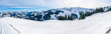 Wintry landscape on Hahnenkamm mountain in Austrian Alps in Kitzbuhel. Winter in Austria