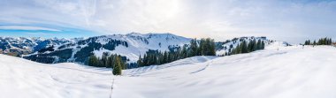 Wintry landscape on Hahnenkamm mountain in Austrian Alps in Kitzbuhel. Winter in Austria