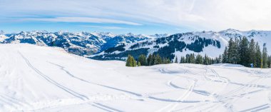 Wintry landscape on Hahnenkamm mountain in Austrian Alps in Kitzbuhel. Winter in Austria