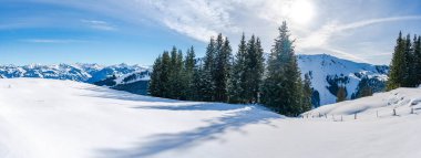 Panoramic view of wintry landscape in Austrian Alps in Kitzbuhel. Winter in Austria