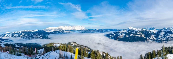 Panoramic Aerial View Wintry Landscape Austrian Alps Low Clouds Covering — Foto de Stock