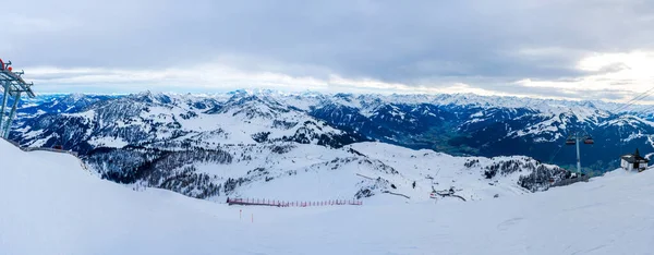 Panoramic view of wintry landscape in Austrian Alps in Kitzbuhel. Winter in Austria