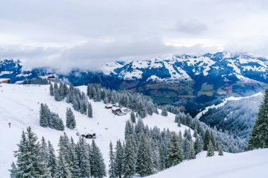 Wintry landscape on Hahnenkamm mountain in Austrian Alps in Kitzbuhel. Winter in Austria