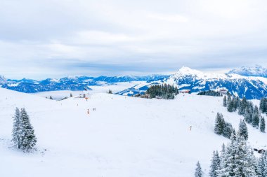 Wintry landscape on Hahnenkamm mountain in Austrian Alps in Kitzbuhel. Winter in Austria