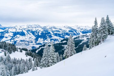 Wintry landscape on Hahnenkamm mountain in Austrian Alps in Kitzbuhel. Winter in Austria