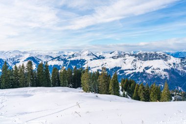 Wintry landscape on Hahnenkamm mountain in Austrian Alps in Kitzbuhel. Winter in Austria