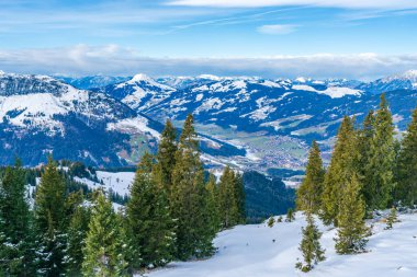 Wintry landscape on Hahnenkamm mountain in Austrian Alps in Kitzbuhel. Winter in Austria
