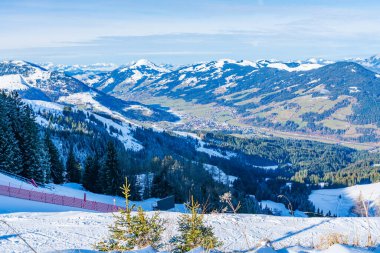 Wintry landscape on Hahnenkamm mountain in Austrian Alps in Kitzbuhel. Winter in Austria