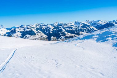 Wintry landscape on Hahnenkamm mountain in Austrian Alps in Kitzbuhel. Winter in Austria