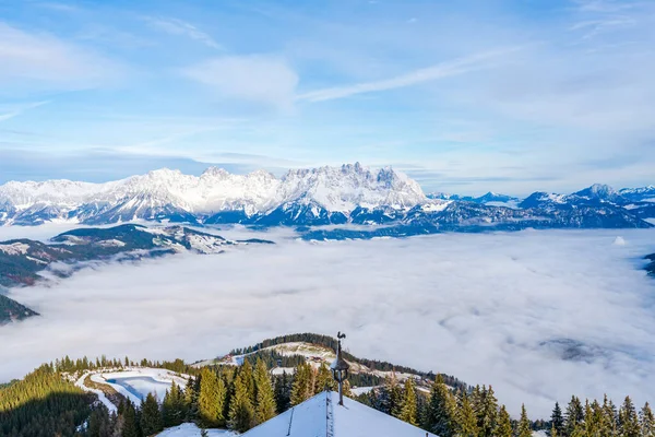 Aerial View Wintry Landscape Austrian Alps Low Clouds Covering Kitzbuhel — Foto de Stock