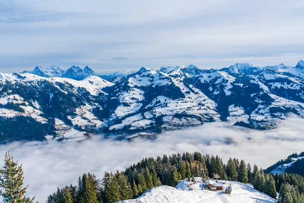 Panoramic Aerial View Wintry Landscape Austrian Alps Low Clouds Covering — 图库照片