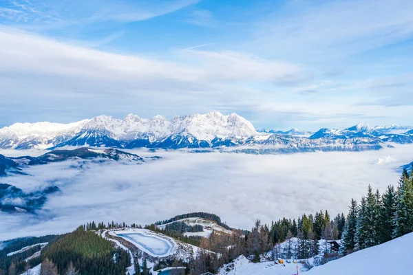 Panoramic Aerial View Wintry Landscape Austrian Alps Low Clouds Covering — Foto de Stock