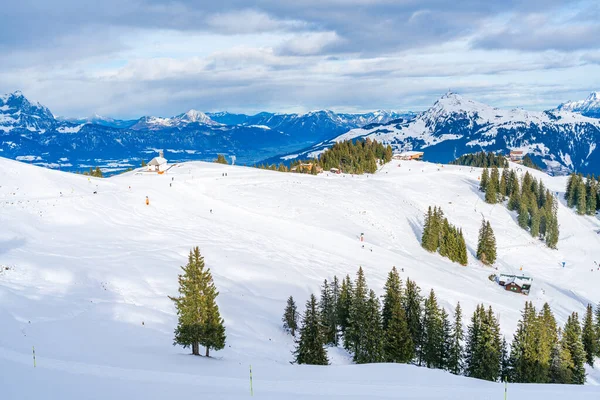 Wintry landscape on Hahnenkamm mountain in Austrian Alps in Kitzbuhel. Winter in Austria