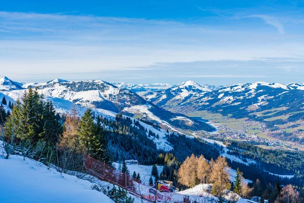 Kitzbuhel Austria January 2023 Aerial View Snow Covered Alps Hahnenkamm — Foto de Stock
