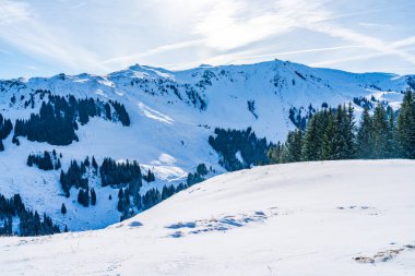 Wintry landscape on Hahnenkamm mountain in Austrian Alps in Kitzbuhel. Winter in Austria
