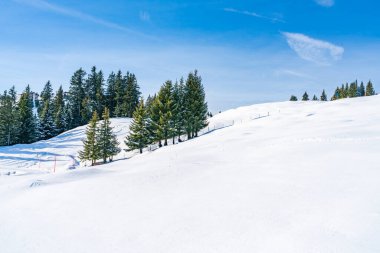 Wintry landscape on Hahnenkamm mountain in Austrian Alps in Kitzbuhel. Winter in Austria