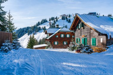 Wintry landscape on Hahnenkamm mountain in Austrian Alps in Kitzbuhel. Winter in Austria