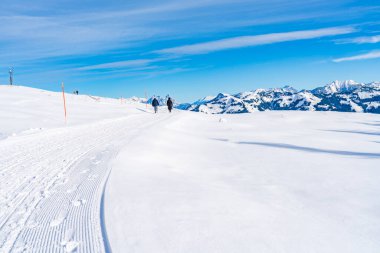 Wintry landscape on Hahnenkamm mountain in Austrian Alps in Kitzbuhel. Winter in Austria