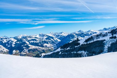 Wintry landscape on Hahnenkamm mountain in Austrian Alps in Kitzbuhel. Winter in Austria