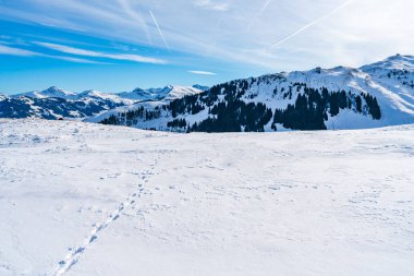 Wintry landscape on Hahnenkamm mountain in Austrian Alps in Kitzbuhel. Winter in Austria