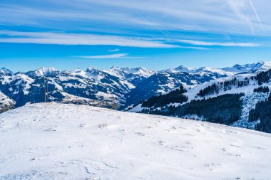 Wintry landscape on Hahnenkamm mountain in Austrian Alps in Kitzbuhel. Winter in Austria