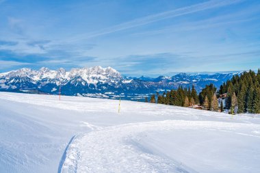 Wintry landscape on Hahnenkamm mountain in Austrian Alps in Kitzbuhel. Winter in Austria