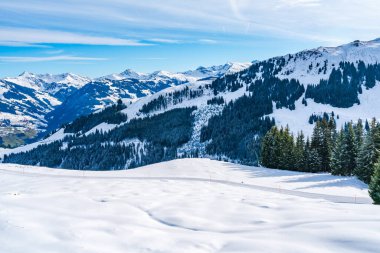 Wintry landscape on Hahnenkamm mountain in Austrian Alps in Kitzbuhel. Winter in Austria