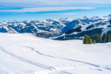 Wintry landscape on Hahnenkamm mountain in Austrian Alps in Kitzbuhel. Winter in Austria