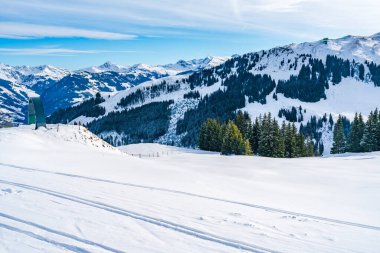 Wintry landscape on Hahnenkamm mountain in Austrian Alps in Kitzbuhel. Winter in Austria