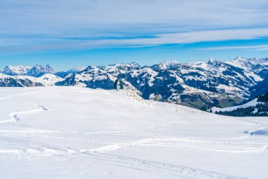 Wintry landscape on Hahnenkamm mountain in Austrian Alps in Kitzbuhel. Winter in Austria