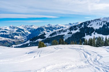 Wintry landscape on Hahnenkamm mountain in Austrian Alps in Kitzbuhel. Winter in Austria