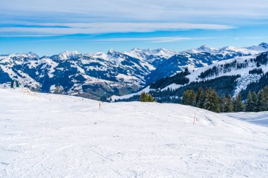 Wintry landscape on Hahnenkamm mountain in Austrian Alps in Kitzbuhel. Winter in Austria