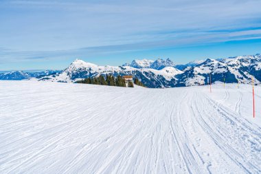 Wintry landscape on Hahnenkamm mountain in Austrian Alps in Kitzbuhel. Winter in Austria