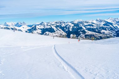 Wintry landscape on Hahnenkamm mountain in Austrian Alps in Kitzbuhel. Winter in Austria