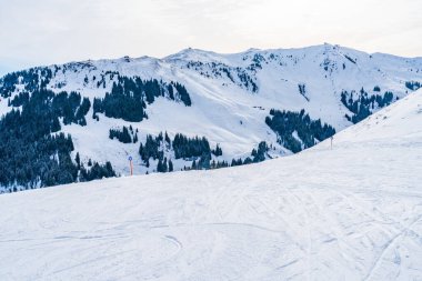 Wintry landscape on Hahnenkamm mountain in Austrian Alps in Kitzbuhel. Winter in Austria