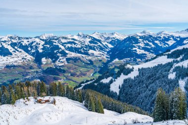 Wintry landscape on Hahnenkamm mountain in Austrian Alps in Kitzbuhel. Winter in Austria