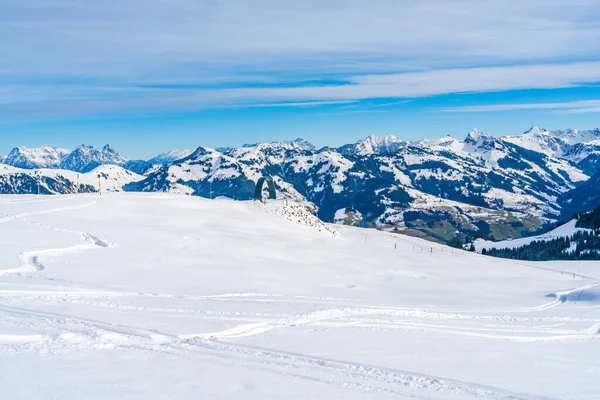 Wintry landscape on Hahnenkamm mountain in Austrian Alps in Kitzbuhel. Winter in Austria