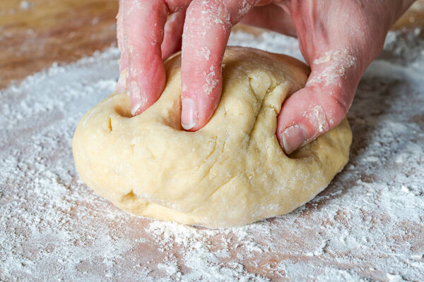 Woman's hand knead raw dough